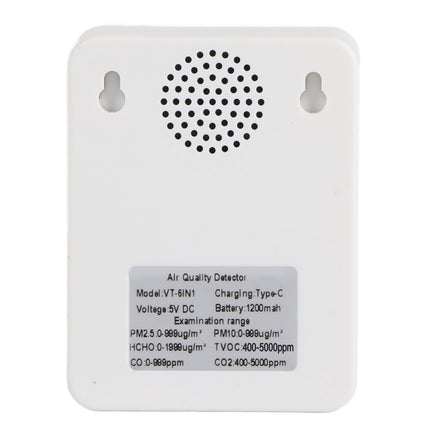 Multifunctional 6 in 1 CO2 Meter Air Quality Monitor Temperature PM2.5 TVOC HCHO Detector USB Charging White