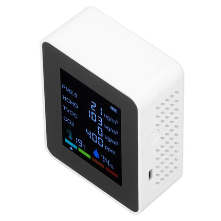 Multifunctional 6 in 1 CO2 Meter Air Quality Monitor Temperature PM2.5 TVOC HCHO Detector USB Charging White