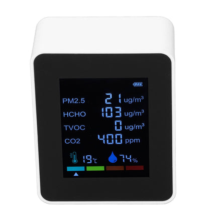 Multifunctional 6 in 1 CO2 Meter Air Quality Monitor Temperature PM2.5 TVOC HCHO Detector USB Charging White