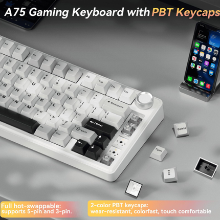 Solakaka A75 3-Mode RGB Mechanical Keyboard,White-Gray