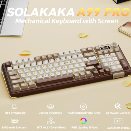 Solakaka A99PRO 3‑Mode RGB Mechanical Keyboard, Milk-Coffee-Brown