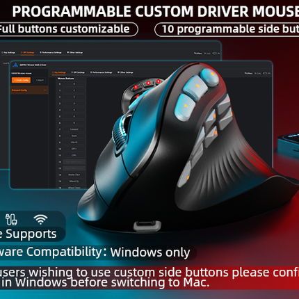 Solakaka E9PRO Tri‑Mode Vertical Ergonomic MMO Gaming Mouse, 10 Programmable Side Buttons, RGB Backlit Rechargeable Wireless Mouse,Black-Gray