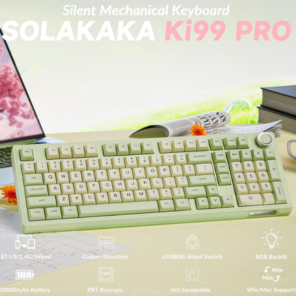 Solakaka Ki99pro 3‑Mode RGB Mechanical Keyboard,  Avocado-Green
