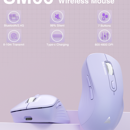 SM68 Dual Mode Wireless Gaming Mouse, Rechargeable RGB Ergonomic Mice with Adjustable DPI ,purple