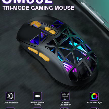 SM802 Tri‑Mode Gaming Mouse, Adjustable DPI, RGB Backlight, Ergonomic Wireless Mouse,black