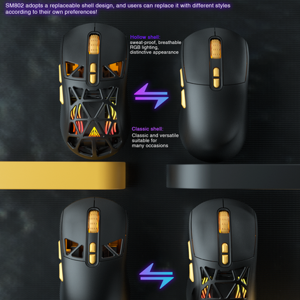 SM802 Tri‑Mode Gaming Mouse, Adjustable DPI, RGB Backlight, Ergonomic Wireless Mouse,black
