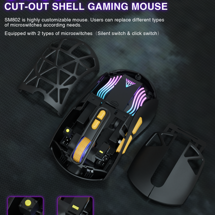 SM802 Tri‑Mode Gaming Mouse, Adjustable DPI, RGB Backlight, Ergonomic Wireless Mouse,black