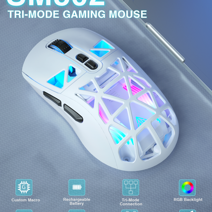 SM802 Tri‑Mode Gaming Mouse, Adjustable DPI, RGB Backlight, Ergonomic Wireless Mouse,white
