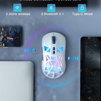 SM802 Tri‑Mode Gaming Mouse, Adjustable DPI, RGB Backlight, Ergonomic Wireless Mouse,white