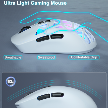 SM802 Tri‑Mode Gaming Mouse, Adjustable DPI, RGB Backlight, Ergonomic Wireless Mouse,white