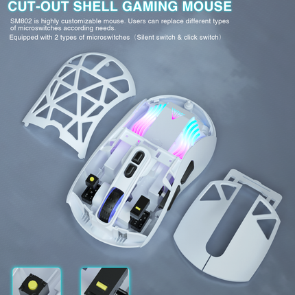 SM802 Tri‑Mode Gaming Mouse, Adjustable DPI, RGB Backlight, Ergonomic Wireless Mouse,white