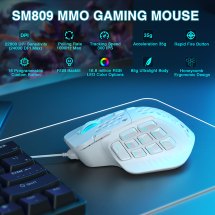 SOLAKAKA SM809 Pro Wireless Gaming Mouse，white