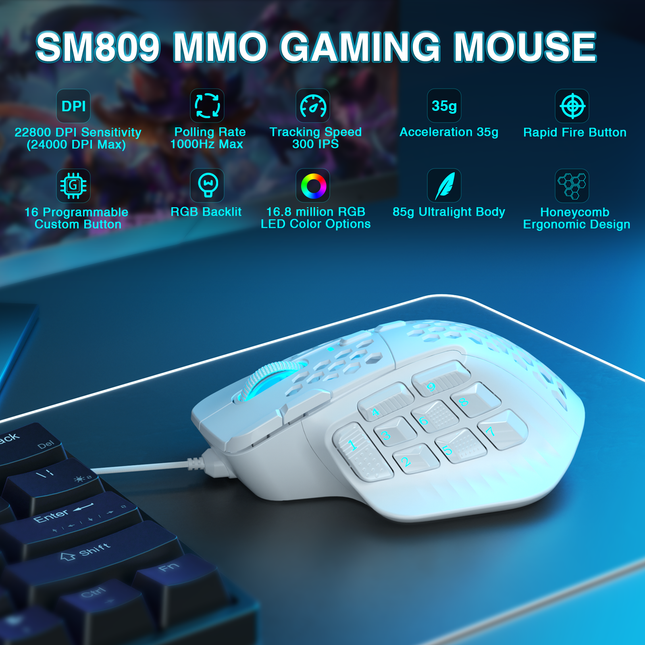 SOLAKAKA SM809 Pro Wireless Gaming Mouse，white
