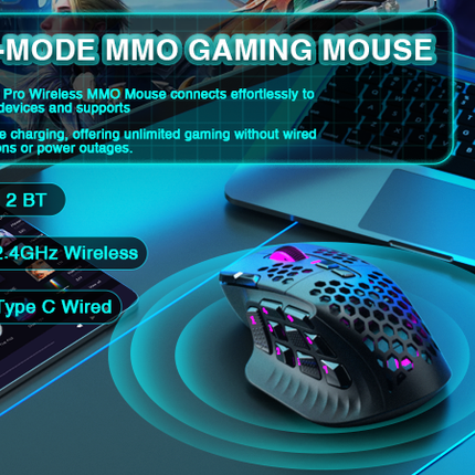 SM809pro Tri-Mode MM0 Wireless Gaming Mouse, Adjustable DPI RGB Backlight,black