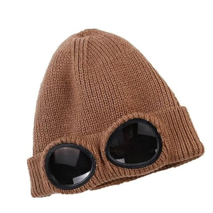 Winter Ski Hat with Goggles - Thermal Knit Beanie for Men & Women - Khaki
