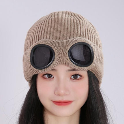 Winter Ski Hat with Goggles - Thermal Knit Beanie for Men & Women - Khaki