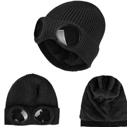 Winter Ski Hat with Goggles - Thermal Knit Beanie for Men & Women - Black