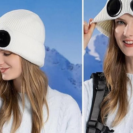 Winter Ski Hat with Goggles - Thermal Knit Beanie for Men & Women - White