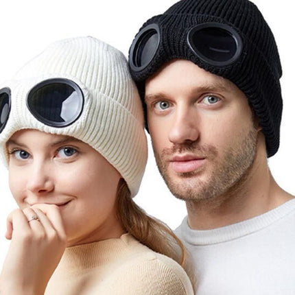 Winter Ski Hat with Goggles - Thermal Knit Beanie for Men & Women - White