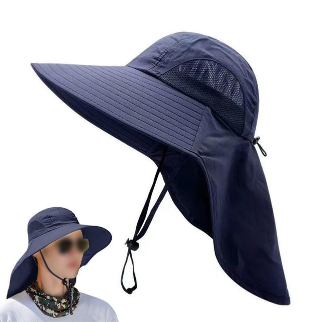 Sun Hats for Men Women Fishing Hat Breathable Wide Brim Bucket Hats with Neck Flap - Navy Blue