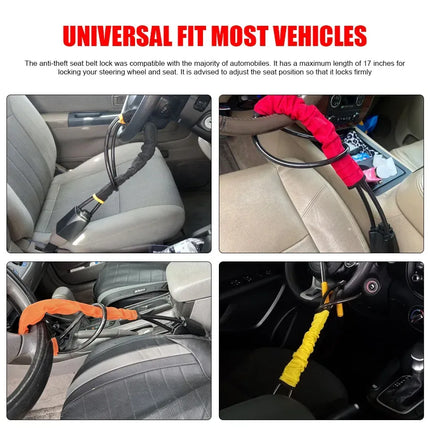 Car Steering Wheel Lock With Seat Belt Socket Steel Rope For Truck SUV Van RV With 3 Keys Universal Anti Theft Device - Yellow