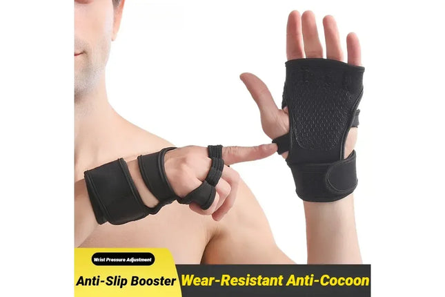 Half Finger Training Sport Gloves For Men Women Workout Fitness Body Building Weightlifting Gym Hand Wrist Protector Dumbbells - Black (1pair) XL