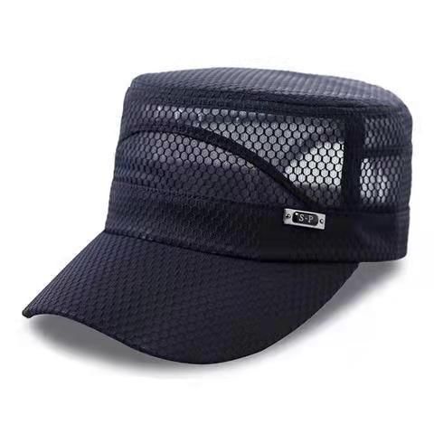 Men Mesh Flat Top Hat Sun Protection Outdoor Full network navy blue Adjustable
