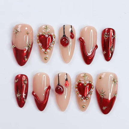 press-on nails, cherry design nails, heart design nails, embellished nails, high-quality press-on nails, easy-to-apply nails, Australian fashion nails, trendy nail art