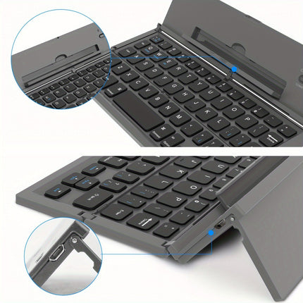 Black foldable wireless keyboard, Broadcom Microchip, US layout keyboard, iOS compatible keyboard, Android compatible keyboard, Windows compatible keyboard, portable keyboard, triple fold keyboard, Australian market keyboard, on-the-go typing