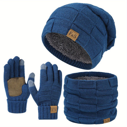 Men'S Winter Hat Men'S Gloves Men'S Scarf Winter Hat And Gloves Set Men'S - Blue - Size L