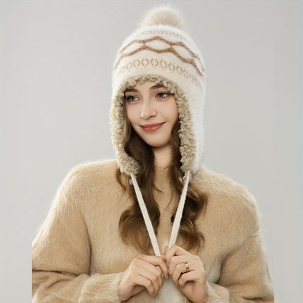 Women'S Knitted Hat Furry Ear-Flap Hat Pom-Pom Hat Winter Accessory Women'S - Beige - Size L