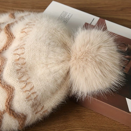 Women'S Knitted Hat Furry Ear-Flap Hat Pom-Pom Hat Winter Accessory Women'S - Beige - Size L