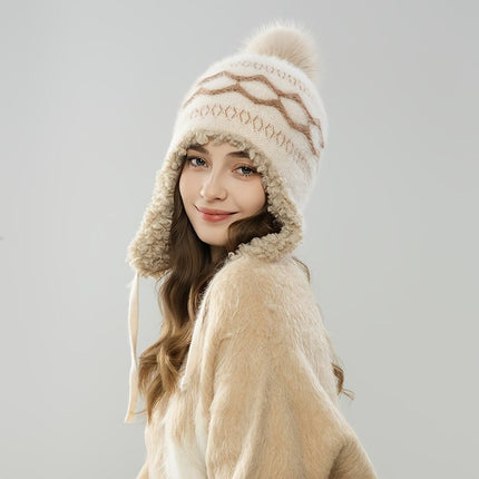 Women'S Knitted Hat Furry Ear-Flap Hat Pom-Pom Hat Winter Accessory Women'S - Black - Size L