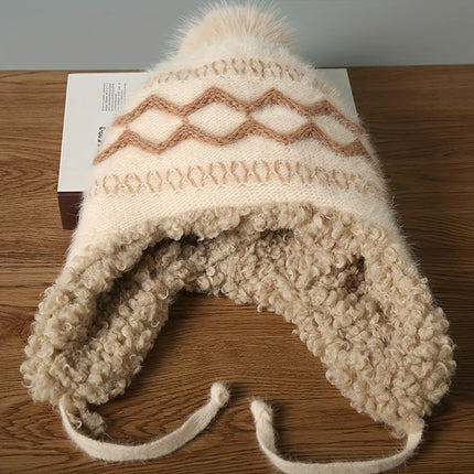 Women'S Knitted Hat Furry Ear-Flap Hat Pom-Pom Hat Winter Accessory Women'S - Black - Size L