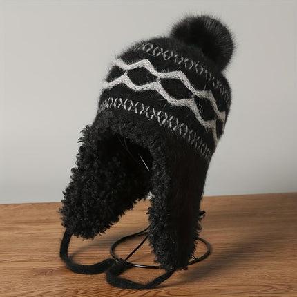 Women'S Knitted Hat Furry Ear-Flap Hat Pom-Pom Hat Winter Accessory Women'S - White - Size L