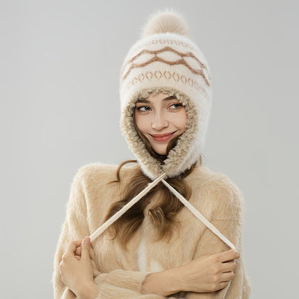 Women'S Knitted Hat Furry Ear-Flap Hat Pom-Pom Hat Winter Accessory Women'S - White - Size L