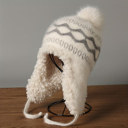 Women'S Knitted Hat Furry Ear-Flap Hat Pom-Pom Hat Winter Accessory Women'S - White - Size L