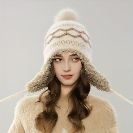 Women'S Knitted Hat Furry Ear-Flap Hat Pom-Pom Hat Winter Accessory Women'S - White - Size L