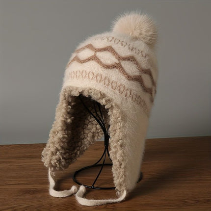 Women'S Knitted Hat Furry Ear-Flap Hat Pom-Pom Hat Winter Accessory Women'S - White - Size L