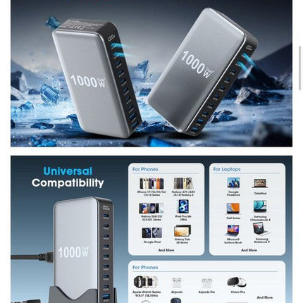 1000W GaN Fast Charging Station 10Ports USB&Type-C for iPhone, Laptops, MacBook