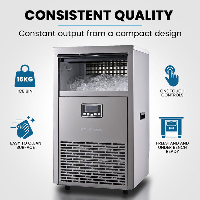 POLYCOOL Commercial Ice Maker Machine, up to 75kg/24hr, Timer & Self Cleaning Programs