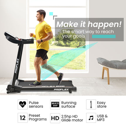 PROFLEX TRX3 Electric Treadmill, Compact Size, Foldable, USB/MP3, Pulse Sensors