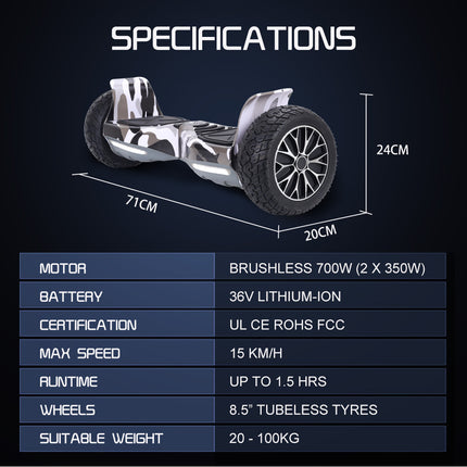BULLET SX-4000 Hoverboard Scooter, 700W Brushless, UL Certified, AU Compliant, 8.5" Wheels, Superior Self Balancing System, LED Lights, Carry Bag, Camo