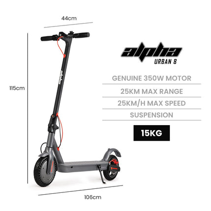 ALPHA Urban 8 Electric Scooter, AU Compliant, Suspension, 25km Range, 8.5-Inch Wheels, Brushless Motor, Motorised Commuter eScooter for Adults, Grey
