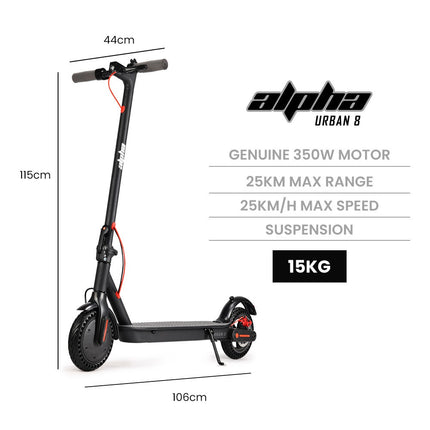 ALPHA Urban 8 Electric Scooter, AU Compliant, Suspension, 25km Range, 8.5-Inch Wheels, Brushless Motor, Motorised Commuter eScooter for Adults, Black