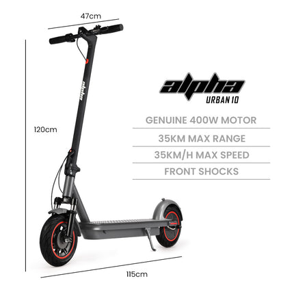 ALPHA Urban 10 Electric Scooter, AU Compliant, 35km/h, Suspension, 35km Range, 10-Inch Wheels, Brushless Motor, Free APP, Motorised Commuter eScooter for Adults, Grey