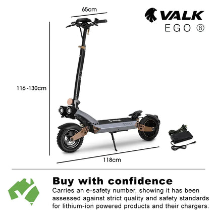 VALK Ego 8 Electric Scooter, Powerful, AU Compliant, 48V 13Ah, 55km Max Range, eScooter for Adults, Foldable, Off Road, Black/Bronze