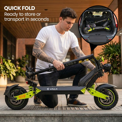 VALK Ego 8 Electric Scooter, 45km/h Max, AU Compliant, 48V 13Ah, Up to 55km Range, eScooter for Adults, Foldable, Off Road, Black/Green