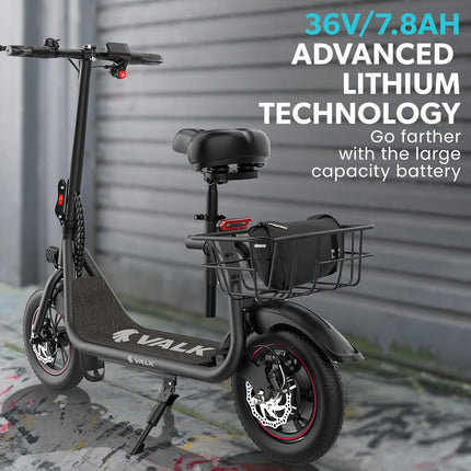 VALK Electric Scooter with Seat, Disc brakes, 12" Tyres, AU Compliant, for Adults, Teens, Commuter, Black
