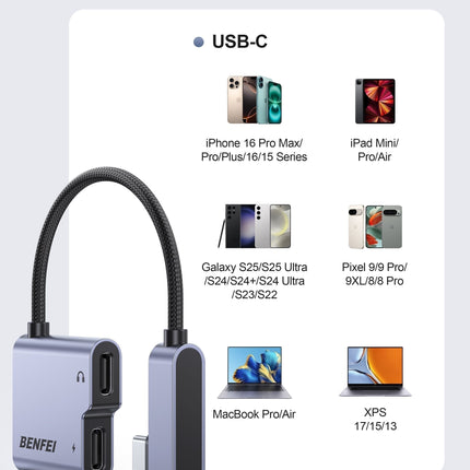 BENFEI 000413GY USB-C to USB-C Audio Headphone + Data Transfer and Charging Adapter